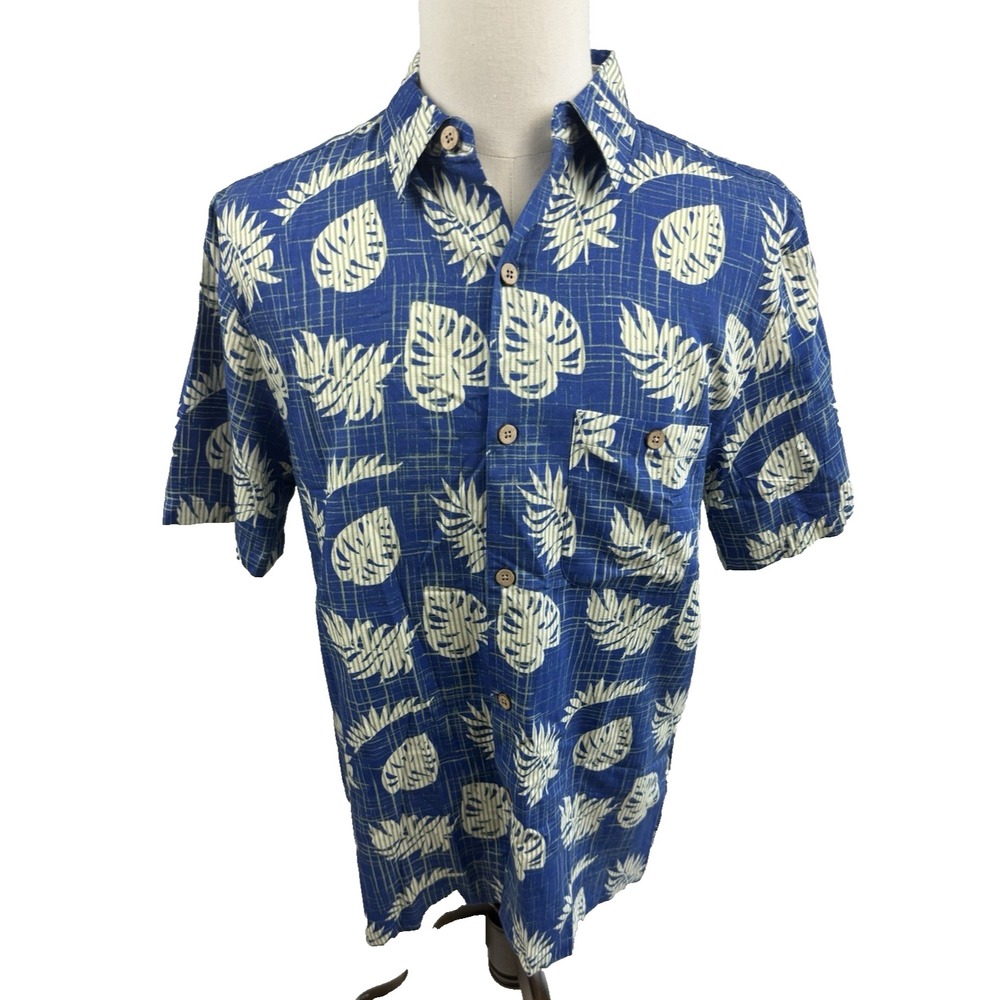 Blue Marlin Mens Hawaiian Button Up Shirt Blue Comfort Fit Cotton Medium